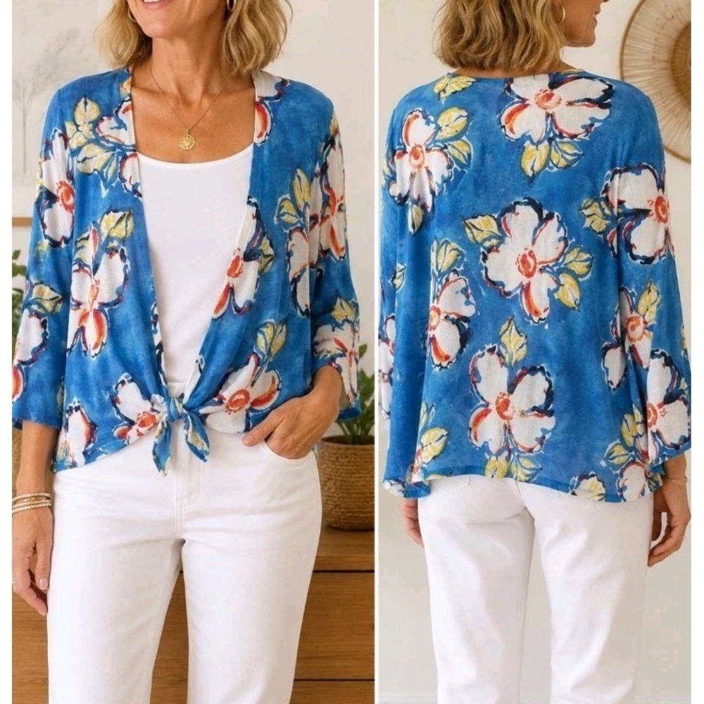 Chico's Size 1 Blue Floral‎ Tie Front Cardigan Sweater Ramie Rayon Boho